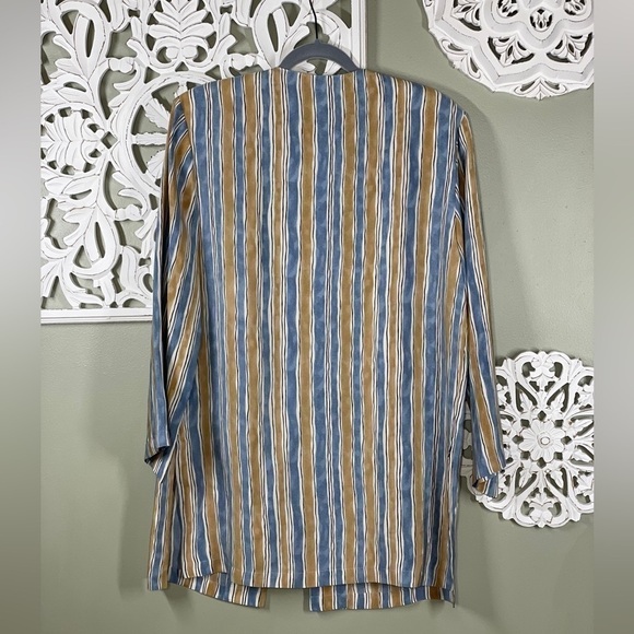 Linda David 100% Silk Stripe Tunic Blue Tan Medium - Picture 7 of 7